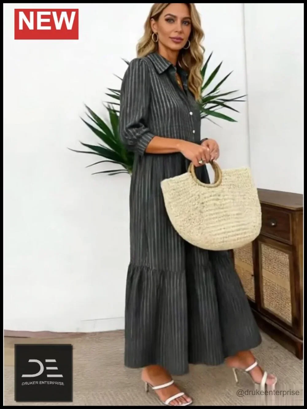 Women's Striped Shirt Maxi Dress - Boho Breezy 3/4 Sleeve Collared